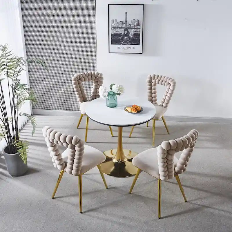 Chaises de salle à manger rembourrées, lot de 4 – Jaune / Blanc+Or, piétement en acier