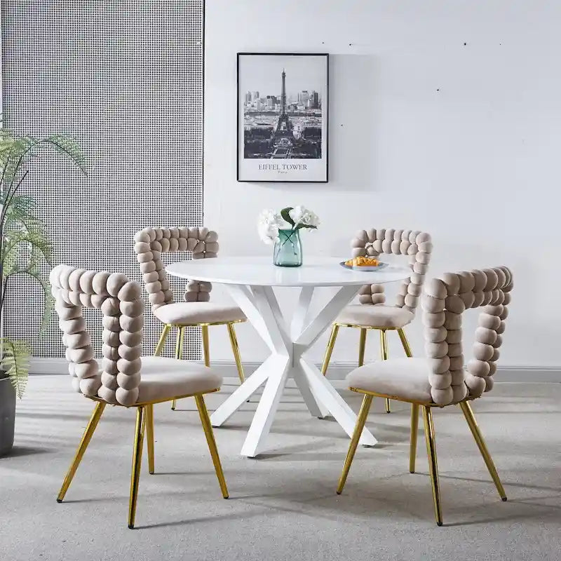Chaises de salle à manger rembourrées, lot de 4 – Jaune / Blanc+Or, piétement en acier