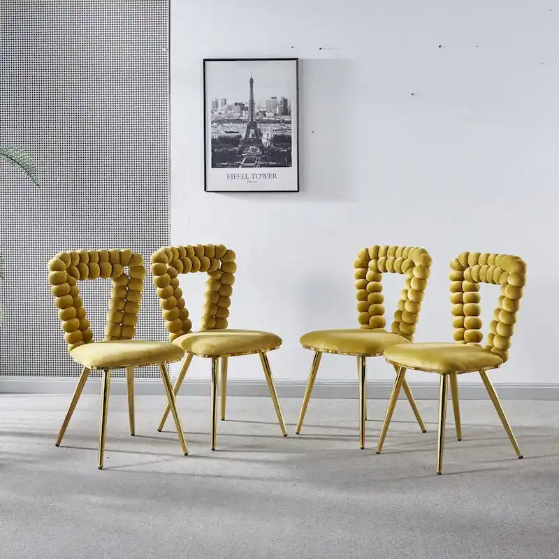 Chaises de salle à manger rembourrées, lot de 4 – Jaune / Blanc+Or, piétement en acier