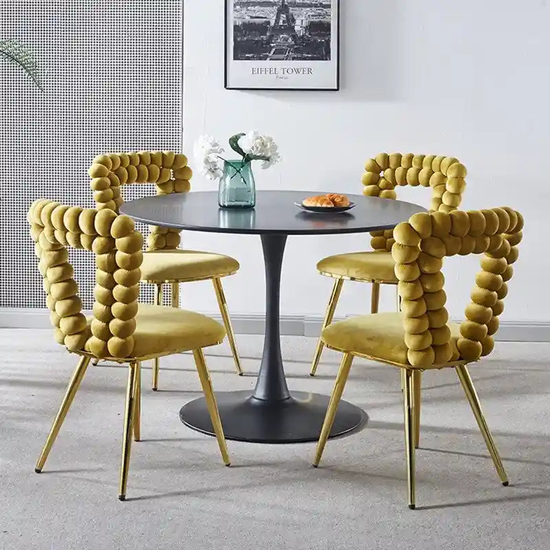 Chaises de salle à manger rembourrées, lot de 4 – Jaune / Blanc+Or, piétement en acier