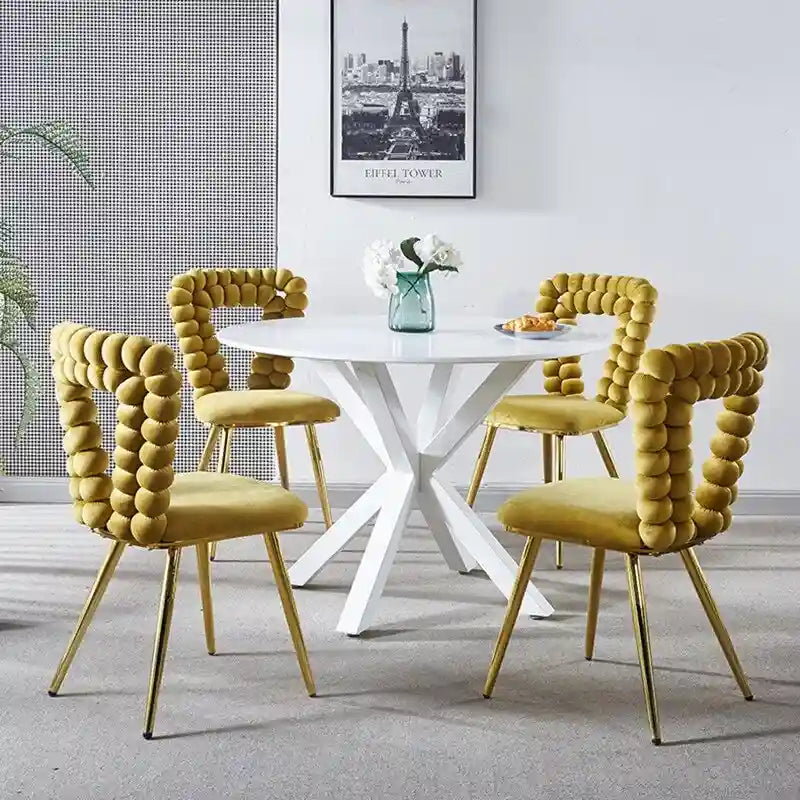 Chaises de salle à manger rembourrées, lot de 4 – Jaune / Blanc+Or, piétement en acier