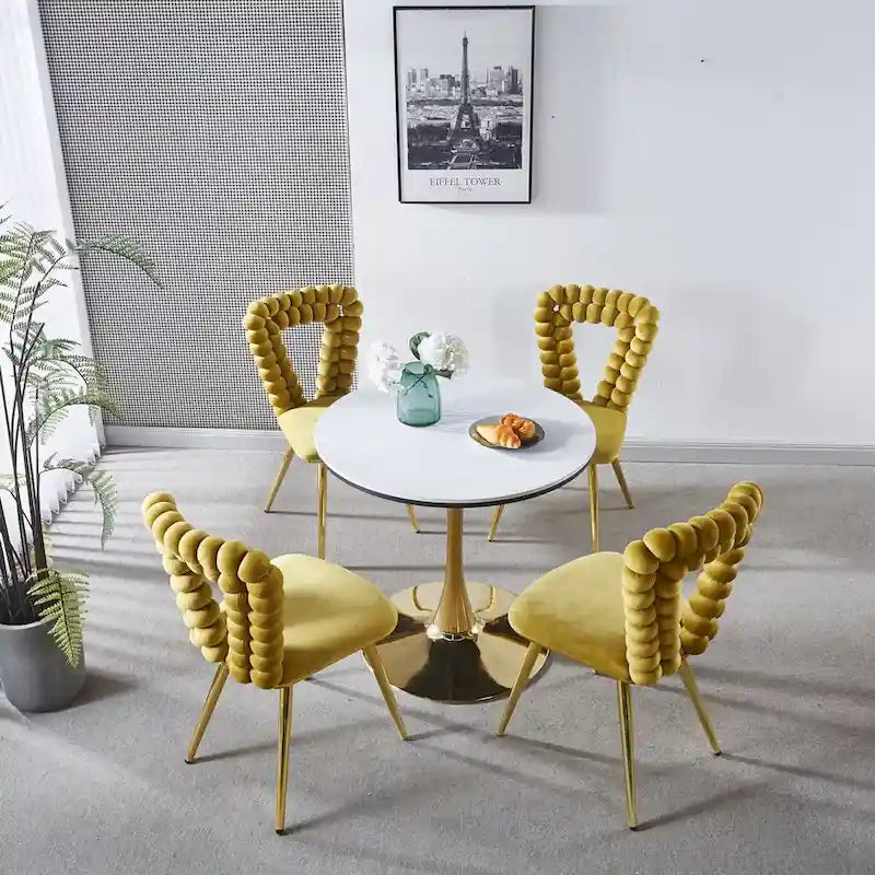 Chaises de salle à manger rembourrées, lot de 4 – Jaune / Blanc+Or, piétement en acier