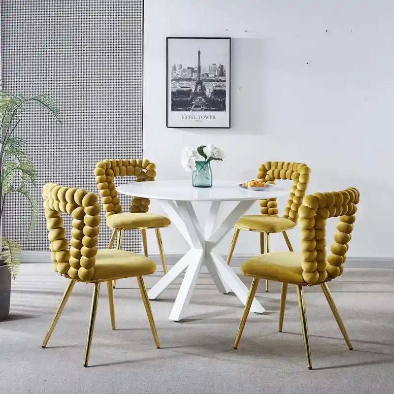 Chaises de salle à manger rembourrées, lot de 4 – Jaune / Blanc+Or, piétement en acier