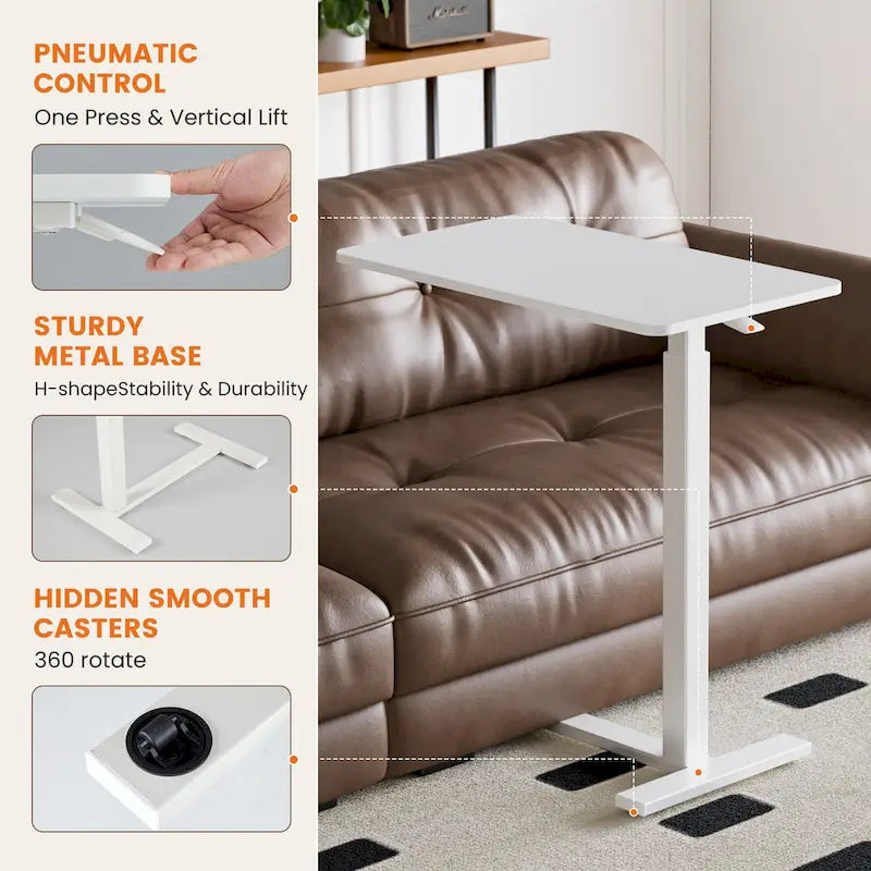 Bureau mobile de lit réglable marron/blanc avec roulettes verrouillables — 1 personne