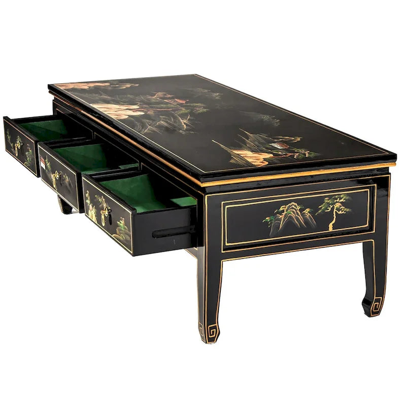 Table basse noire, plateau en bois, design paysager, 1 place