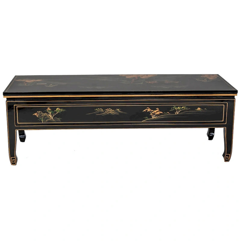 Table basse noire, plateau en bois, design paysager, 1 place