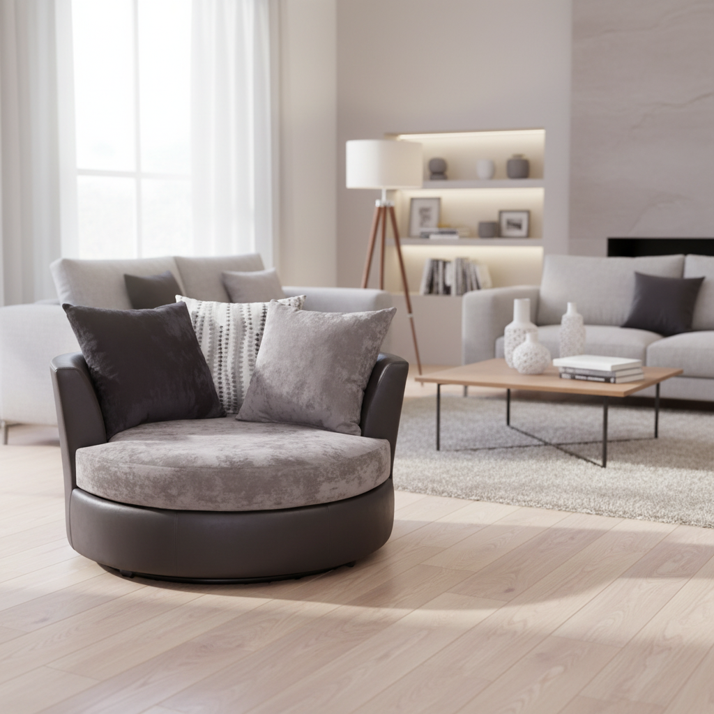 Fauteuil tonneau gris bicolore, pivotant et à roulettes, 2 places