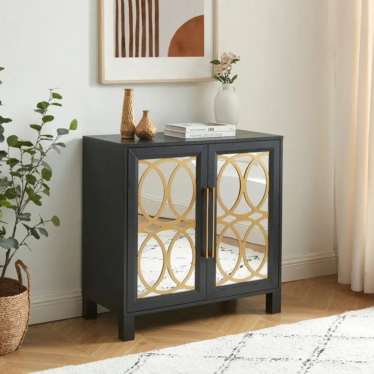 Armoire d'appoint avec porte miroir Chêne rustique / Blanc / Noir, style moderne, simple