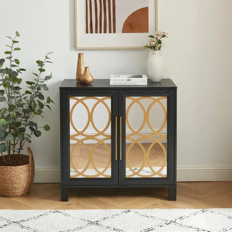 Armoire d'appoint avec porte miroir Chêne rustique / Blanc / Noir, style moderne, simple