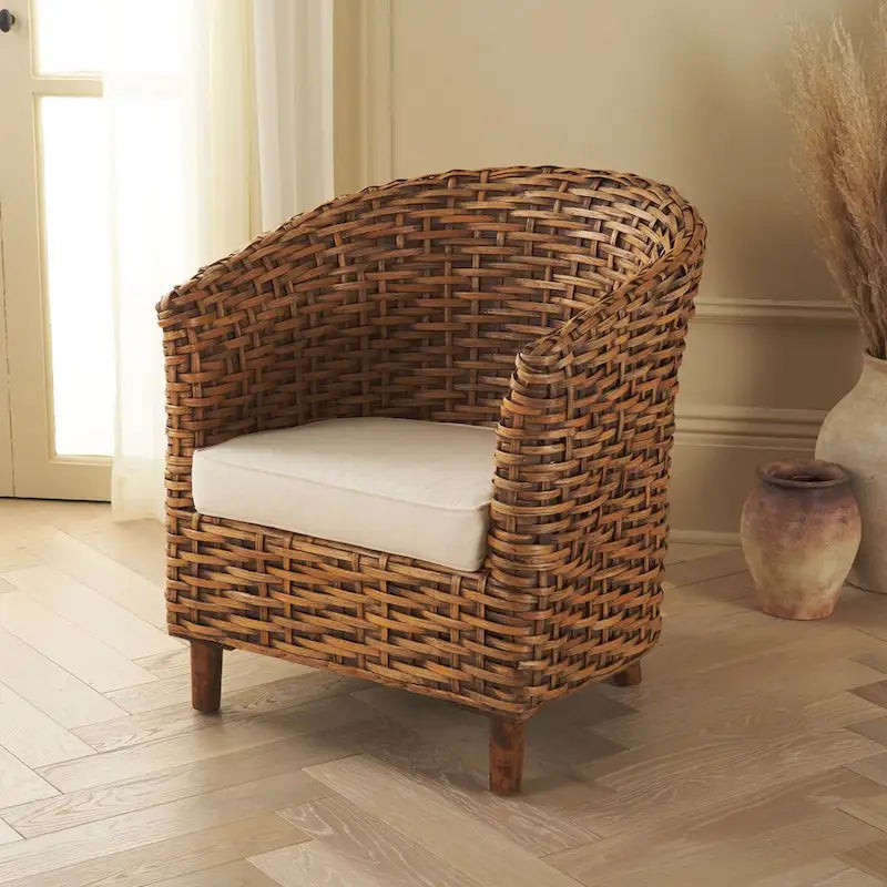 Fauteuil tonneau en rotin blanc/miel marron foncé, une place