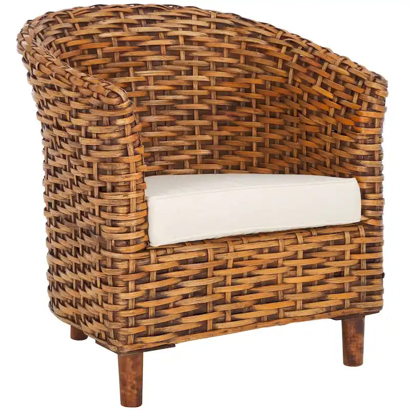 Fauteuil tonneau en rotin blanc/miel marron foncé, une place